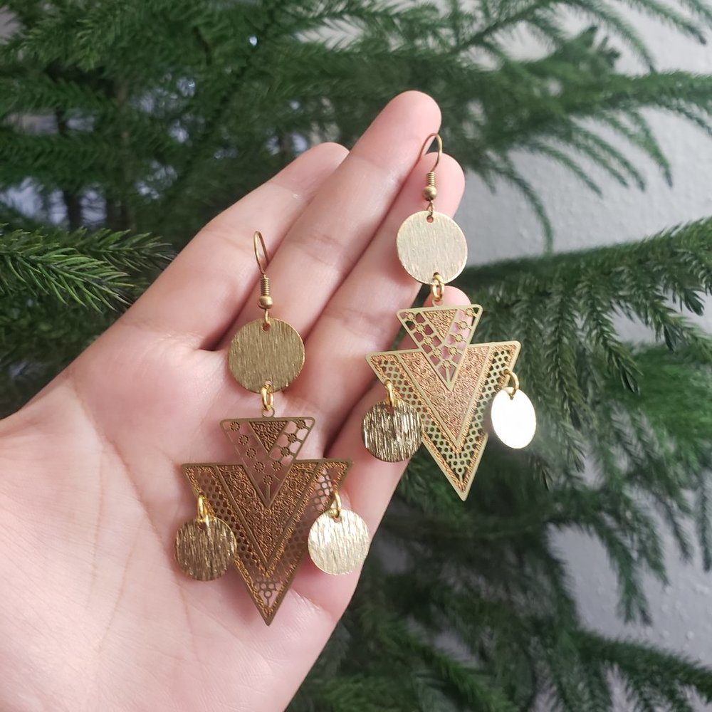 Brass Geometric Statement Piece Earrings Artisan Handmade Boho Art Deco Festival